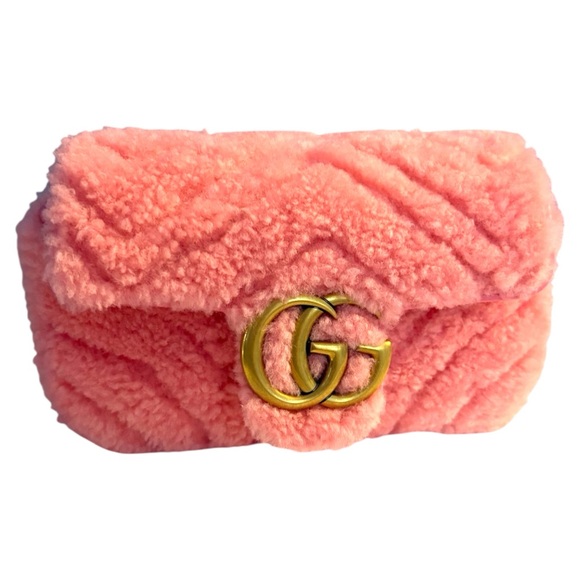 GUCCI Shearling Matelasse Super Mini GG Marmont Shoulder Bag Lotus Pink - Picture 1 of 8